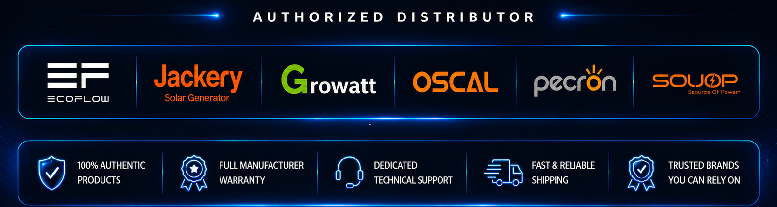 Authorized distributor banner featuring EcoFlow, Jackery, Growatt, and ZOUPW Solar